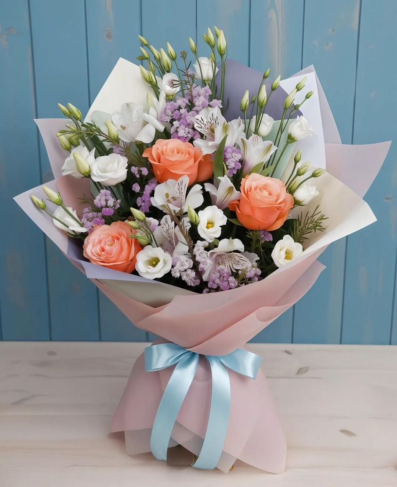 Букет цветов из: Лизиантусы, Розы, Альстромерии и Гипсофила в Березняки