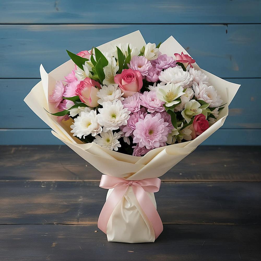 Букет цветов из: Хризантемы, Альстромерии и Розы в Березняки